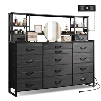 WLIVE Storage Organizer Unit with 15 Fabric Drawer & 5 Open Shelves, Tall Black Storage Drawers Organizer with Charging Station, Storage Tower Organizaton for Living Room, Hallway, Office - Image 1