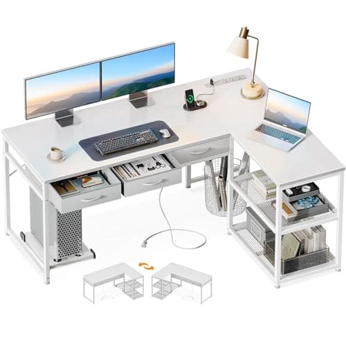 AODK 53 Inch L Shaped Computer Desk with Drawers, Corner Desk with Power Outlets & Reversible Storage Shelves, Movable CPU Stand for Home Office Gaming, White - Image 1