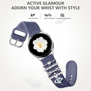 DaQin Flower Engraved Band Compatible with Samsung Galaxy Watch 7 Band/FE 6 5 4 40mm 44mm,Galaxy Active 2, 20mm Watch Band Soft Silicone Replacement Strap with Decorative Charms Accessories Women - Image 3