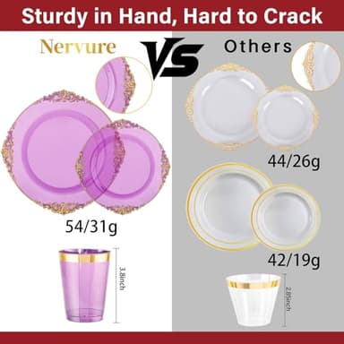 Nervure 350PCS Purple Plastic Plates - Purple Plastic Dinnerware Sets for 50 Guests - 100 Disposable Plates, 150 Gold Silverware, 50 Cups, 50 Napkins for Wedding & Party - Image 8