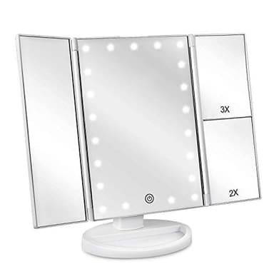 deweisn Floor Mount Tri-Fold Lighted Vanity Mirror with 21 LED Lights, Touch Screen and 3X/2X/1X Magnification, Two Power Supply Modes Make Up Mirror,Travel Mirror - Image 1