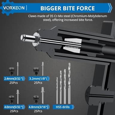 VORXEON Pop Rivet Gun Kit 3/32" 1/8" 5/32" 3/16" Heavy Duty Riveter Tool With 4 Drill Bits And 100 Rivets, Quick Replacement Rivet Nozzles For Metal, Furniture, Automotive - Image 3