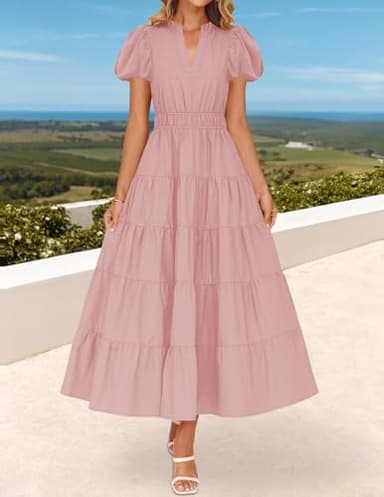 ZESICA Women's Summer Casual Maxi Dress 2025 Puff Short Sleeve V Neck Ruffle Tiered Flowy Boho Beach Dresses,Dusty Pink,Medium - Image 2