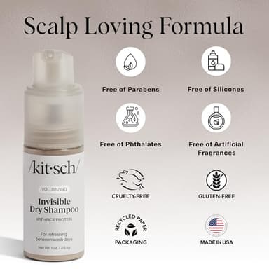 Kitsch Volumizing Rice Protein Dry Shampoo Powder - Dry Shampoo for Women & Men, No White Cast, Absorbs Oil, Non-Greasy, For Light-to-medium Hair Colors, Travel Size in Pump Form - Invisible 1oz - Image 7