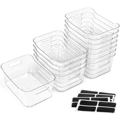 12 PACK Multi-Use Clear Plastic Storage Bins for Organizing w/ Labels - Home, Kitchen, Bathroom, Office, Pantry Cabinet Shelf Organizer Bins - SOHO Collection, RV, Fridge Organization Containers - Image 1
