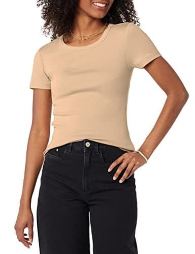 Amazon Essentials Women's Slim-Fit Short-Sleeve Crewneck T-Shirt, Pack of 2, White/Light Camel, X-Large - Image 2
