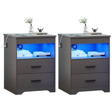 Night Stand Set of 2, Charging Bedside Table with USB & Type-C Port, LED Night Stand with Human Sensor Light, Modern End Table with Gun Drawers for Bedroom Office, Grey - Image 1