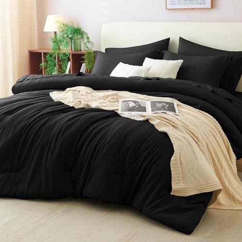 CozyLux Queen Comforter Set Black, 7 Pieces Bed in a Bag Soft Bedding Comforter Set with Sheets, All Season Boho 7PC Bed Sets with Comforter, Fitted Sheets, Flat Sheets, Pillow Shams and Pillowcases - Image 1
