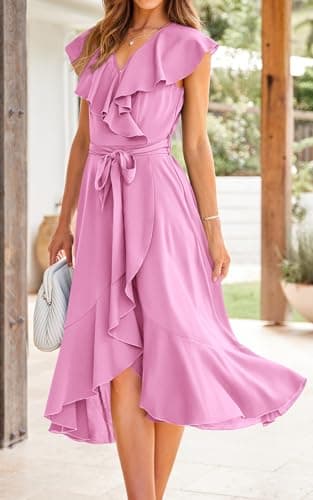 PRETTYGARDEN Women's 2025 Summer Cross Maxi Dress Casual Boho Deep V Neck Short Sleeve Ruffle Hem Split Beach Long Dresses (Bright Pink,Large) - Image 5