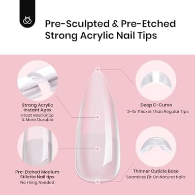 Beetles Tipex Instant Apex Nail Tips 512 Pieces Medium Stiletto Pre-Building and Pre-Etched Strong Thick Acrylic Fake Nails 16 Sizes Press on Nails - Image 5