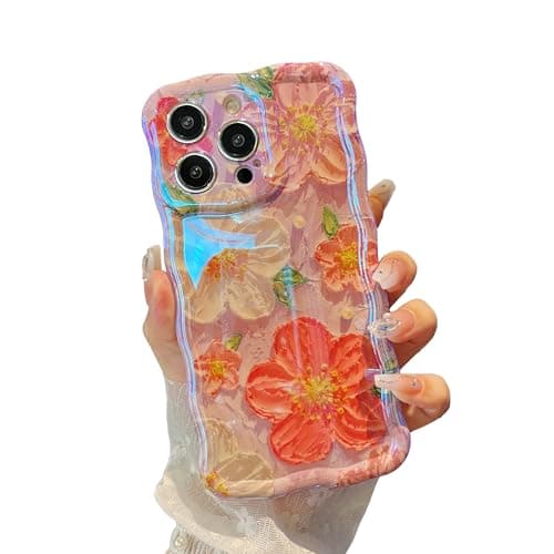 XIZYO Case for iPhone 16 Pro Max, Colorful Retro Oil Painting Flower Cute Floral Aesthetic Curly Wave Frame Laser Glossy Reflective Exquisite Stylish Protective Cover Women Girls-Flower/Purple - Image 1