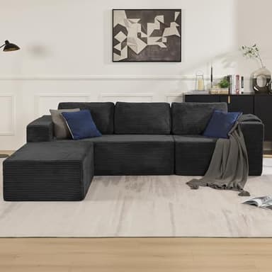 Furnify 106" Modular Sectional Sofa with L-Shape Chaise, Right/Left Facing Deep Seat Cloud Couch, No Assembly Required, Upholstered Couch for Living Room Bedroom (Plush Corduroy Fabric, Black) - Image 2