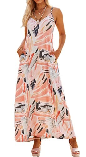 Women's Casual Dresses Beach Swimwear Cover Up Flowy Beach Vacation Long Maxi Dresses with Pockets(M,Pastel Print) - Image 1