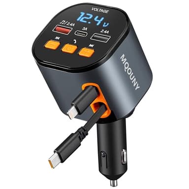 Retractable Car Charger,5 in 1 Fast Cars Phone Charger 90W,Bluetooth 5.3 FM Transmitter Adapter,Handsfree Call,2 Retractable Cables and USB Chargers for iPhone17/16 15/14/13 - Image 1