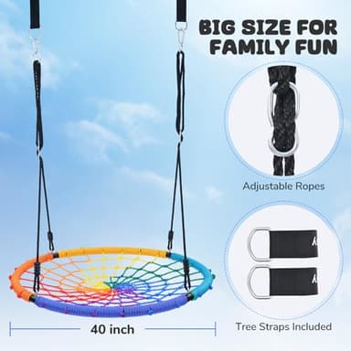 Trekassy 750 lb Spider Web Saucer Swing 40 inch for Tree Kids with Steel Frame and 2 Hanging Straps-Rainbow - Image 3