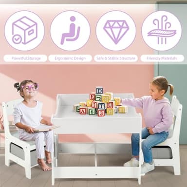 Kinder King Kids Wood Table & 2 Chairs Set, 3 in 1 Children Activity Table w/Storage, Removable Tabletop, Blackboard, 3-Piece Toddler Furniture Set for Art, Crafts, Drawing, Reading, Playroom, Grey - Image 3