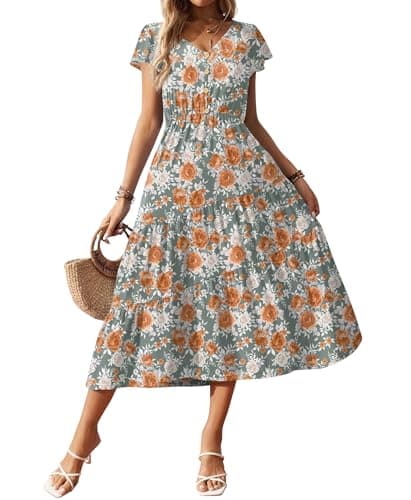 Zeagoo Midi Dresses for Women Floral Print Beach Long Tiered Ruffle Short Sleeve Flowy Dress Blue Orange Flower L - Image 1