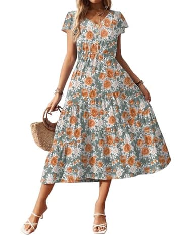 Zeagoo Midi Dresses for Women Floral Print Beach Long Tiered Ruffle Short Sleeve Flowy Dress Blue Orange Flower L - Image 1