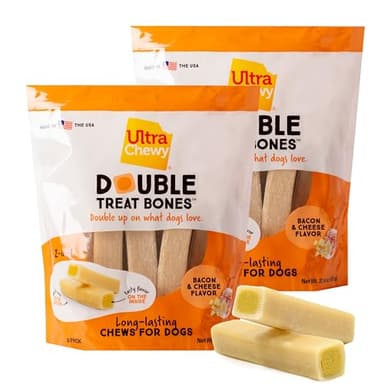 Ultra Chewy Double Treat Bones: Long-Lasting Dog Treats Made in USA for Large and Small Breeds, Highly Digestible, Ideal for Aggressive Chewers (Bacon & Cheese, 2 Value Packs) - Image 1
