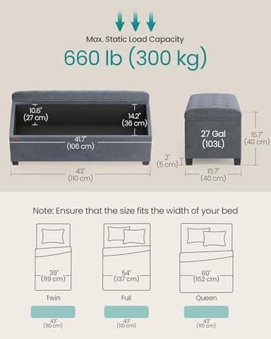 SONGMICS Velvet Storage Ottoman Bench, Foot Rest with Legs, 15.7 x 43 x 15.7 Inches, End of Bed Bench, Storage Chest, Load up to 660 lb, for Living Room, Bedroom, Entryway, Slate Gray ULSF089G01 - Image 3