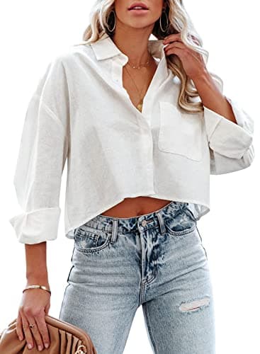 Tankaneo Womens Button Down Cropped Shirts Long Sleeve Casual Crop Tops Solid Lapel Blouse Shirt with Chest Pocket - Image 1