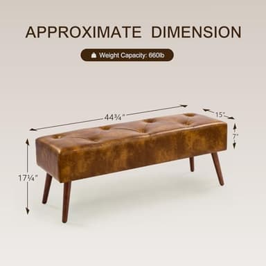 Furnimart Faux Leather Bench Ottoman, Tufted Button Bedroom Benches Footrest Stool in Solid Wood Legs, Long and Dining Bench, Indoor Bench for Entryway Living Room Bedroom (Leather-DustYellow) - Image 3
