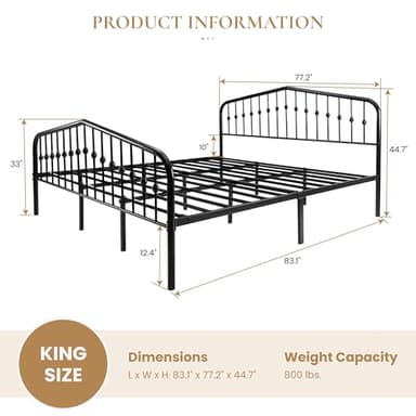 SHA CERLIN King Size Metal Platform Bed Frame with Victorian Style Wrought Iron-Art Headboard/Footboard, No Box Spring Required, Black - Image 2