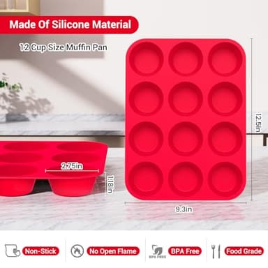 Redfly Silicone Muffin Pan & Cupcake Pans for Baking - 12 Cup Regular Size BPA Free Egg Bites Molds - Image 3