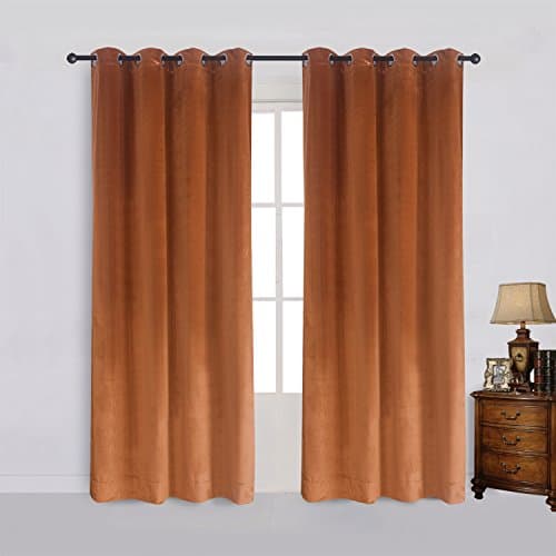 Cherry Home Super Soft Rustic Velvet Pumpkin Orange Blackout Drapes Room Darkening Curtains Panel Grommet Drapery 52 by 120-Inch Caramel Cafe(2 Panels) with Matching Tiebacks - Image 1