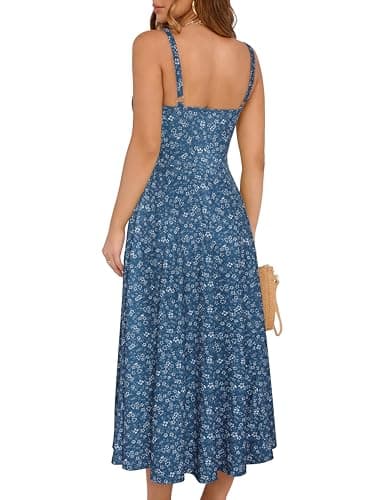 YATHON Midi Floral Corset Maxi Dresses for Women 2025 Casual Summer Tie at Bust Midi Sun Dress(YT552-Blue White F 05,S) - Image 2