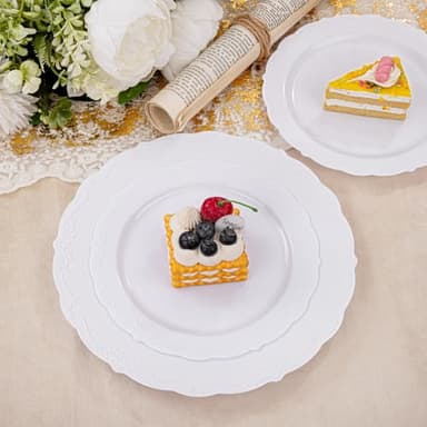 U-QE 100 Pieces White Plastic Plates - White Disposable Plates - Premium Hard Plastic Disposable Plates for Wedding and Party Use Including 50 Dinner Plates 10 '' & 50 Dessert Plates 7.5 '' - Image 8