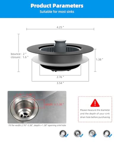 Hibbent 2 Pack 3 in 1 Kitchen Sink Drain Strainer and Stopper Combo, Stainless Steel Metal Pop Up Sink Stopper, Anti-Clogging Basket Strainer with Handle for US Standard 3-1/2 Inch Drain, Black - Image 7