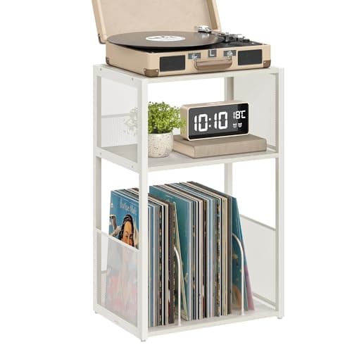 VASAGLE Record Player Stand, 3-Tier Side Table, Vinyl Record Storage up to 100 Albums, End Table for Living Room, Bedroom, Rustic White ULET275W01 - Image 1