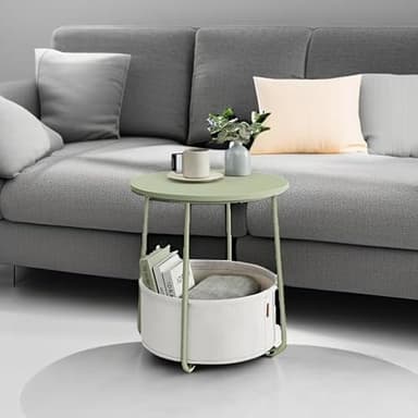 VASAGLE Small Round Side End Table, Modern Nightstand with Fabric Basket, Laurel Green and Cream White ULET223C69 - Image 6