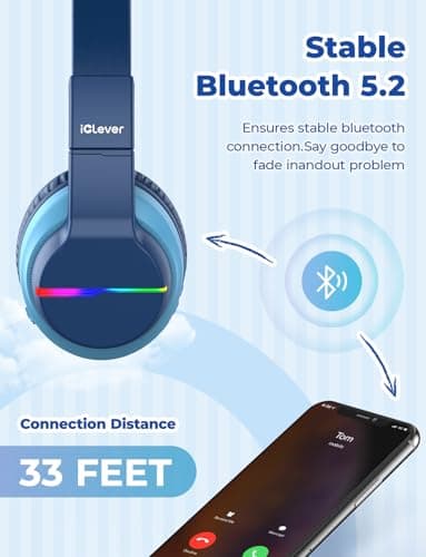 iClever BTH12 Kids Bluetooth Headphones,Colorful LED Lights Kids Headphones Wireless,74/85dBA Safe Volume,85H Playtime,Fast Charging,Bluetooth 5.2,Over Ear,Built-in Mic for iPad/Tablet/Airplane,Blue - Image 5