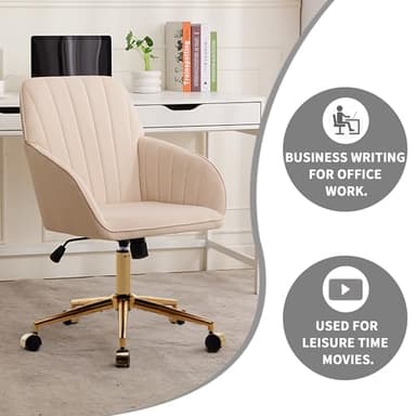 YISHENG Velvet Office Desk Chair with Gold Base, with Wheels,Modern Height Adjustable 360 Degree Swivel Upholstered Vanity Chairs with Arms for Living Room Bedroom, Beige,Khaki - Image 4