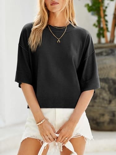 Saodimallsu Womens Short Sleeve Sweater Summer Oversized Cropped Sweaters Casual Crewneck Lightweight Knit Tops Black - Image 3