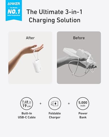 ANKER Power Bank USB C Charger Block, 3-in-1 5,000mAh Portable Charger with Built-in USB-C Cable and Foldable AC Plug, 30W Max Compact Battery Pack, for iPhone 15 Series, Galaxy, MacBook, and More - Image 2