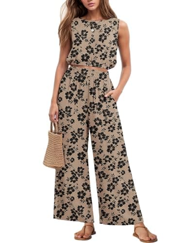 GRECERELLE Two Piece Sets for Women Sleeveless Crop Top Wide Leg Pants Sweat Set for Women 2025 Summer Khaki Black Flower-S - Image 1