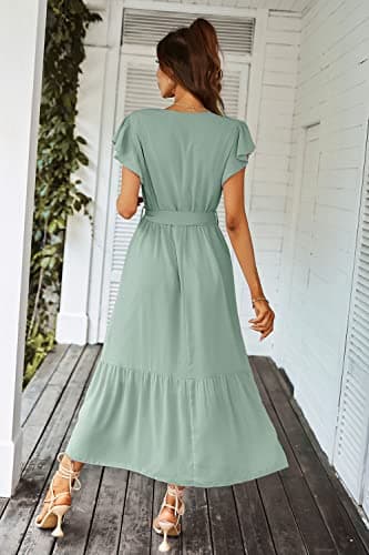 PRETTYGARDEN Women's Summer Floral Boho Dress Wrap V Neck Short Sleeve Ruffle A-Line Flowy Maxi Wedding Guest Dresses (Solid Green,Large) - Image 3