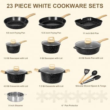 Romswi 23pcs Pots and Pans Set Non Stick, Kitchen Cookware Set with Casserole, Frying & Saucepans, Oven Safe & Stovetop Agnostic Non Toxic Cookware (Gas, Electric & Induction) - Black - Image 2