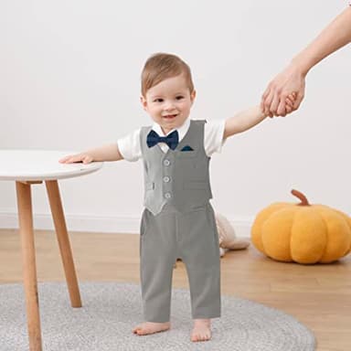 DISAUR Baby Boy Clothes Toddler Boy Outfits, 4PC Gentleman Short Sleeves Romper + Vest + Pants + Bow Tie Cotton Suit Set (Gray, 12-18 months) - Image 3