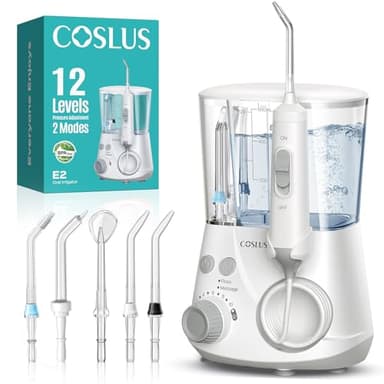 COSLUS Professional Water Flosser for Teeth: 2 Modes & 12 Pressure Settings Electric Dental Pick for Orthodontic, Braces, Sensitive Gums - Home Use, ​​5 Jet Tips for Multiple Users, Family, White, E2 - Image 1