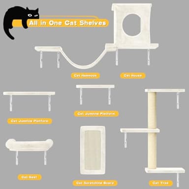NUNU LAB Wall Mounted Cat Furniture Set - 6 Pcs Climber Set with House, Bridge, Steps, Scratcher Board - DIY Walls Playground, Indoor Cat Shelves - White - Image 5