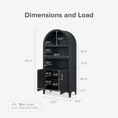 mopio Lauren 65.4" Short Arched Cabinet, 5-Tier Arched Bookcase with Doors and Shelves, Mini Arch Bookshelf with Storage, Wooden Storage Cabinet for Living Room and Kitchen Pantry (Black Accent) - Image 2