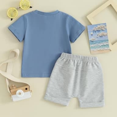 Toddler Baby Boy Summer Outfit Short Sleeve Letter Print T Shirt Top and Casual Shorts Set Cute Infant Newborn Clothes (Blue Handsome Trouble, 12-18 Months) - Image 3