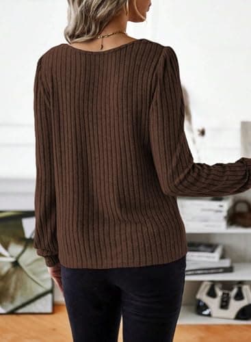 Samefar Ladies Tunics or Tops to Wear with Leggings Long Sleeve Sweater Tops for Women Basic Solid Soft Womens Shirts Blouses Brown Medium - Image 3