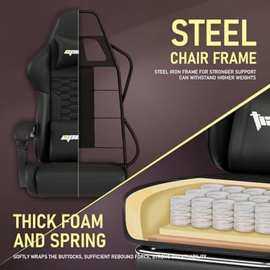 Opiesit Gaming Chair, Computer Office Chair with Footrest, Linkage Armrests and Lumbar Support, High Back Ergonomic Gamer Chairs for Adults, Black PU Leather - Image 7