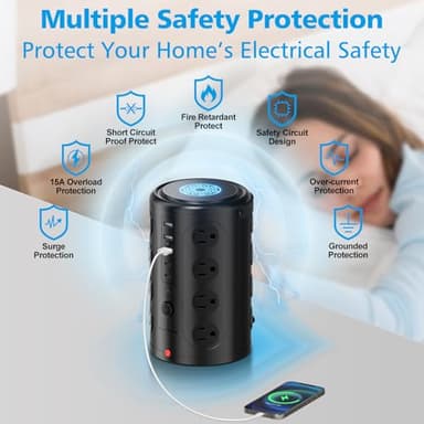 Tower Power Strip Surge Protector with 16 Outlets and 5 USB Ports (2 USB-C), 6FT Extension Cord with Multiple Outlets,Heavy Duty Charging Station,Home Office Dorm Room Essentials. No Wireless Charging - Image 3