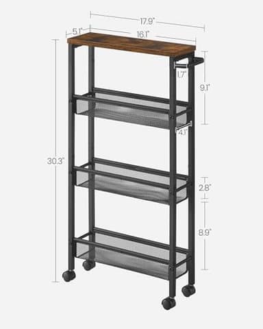 VASAGLE Slim Rolling Cart, 4-Tier Narrow Storage Cart with Handle, 5.1 Inches Deep, Metal Frame, for Kitchen, Dining Room, Living Room, Home Office, Rustic Brown and Classic Black ULRC032B01V1 - Image 6